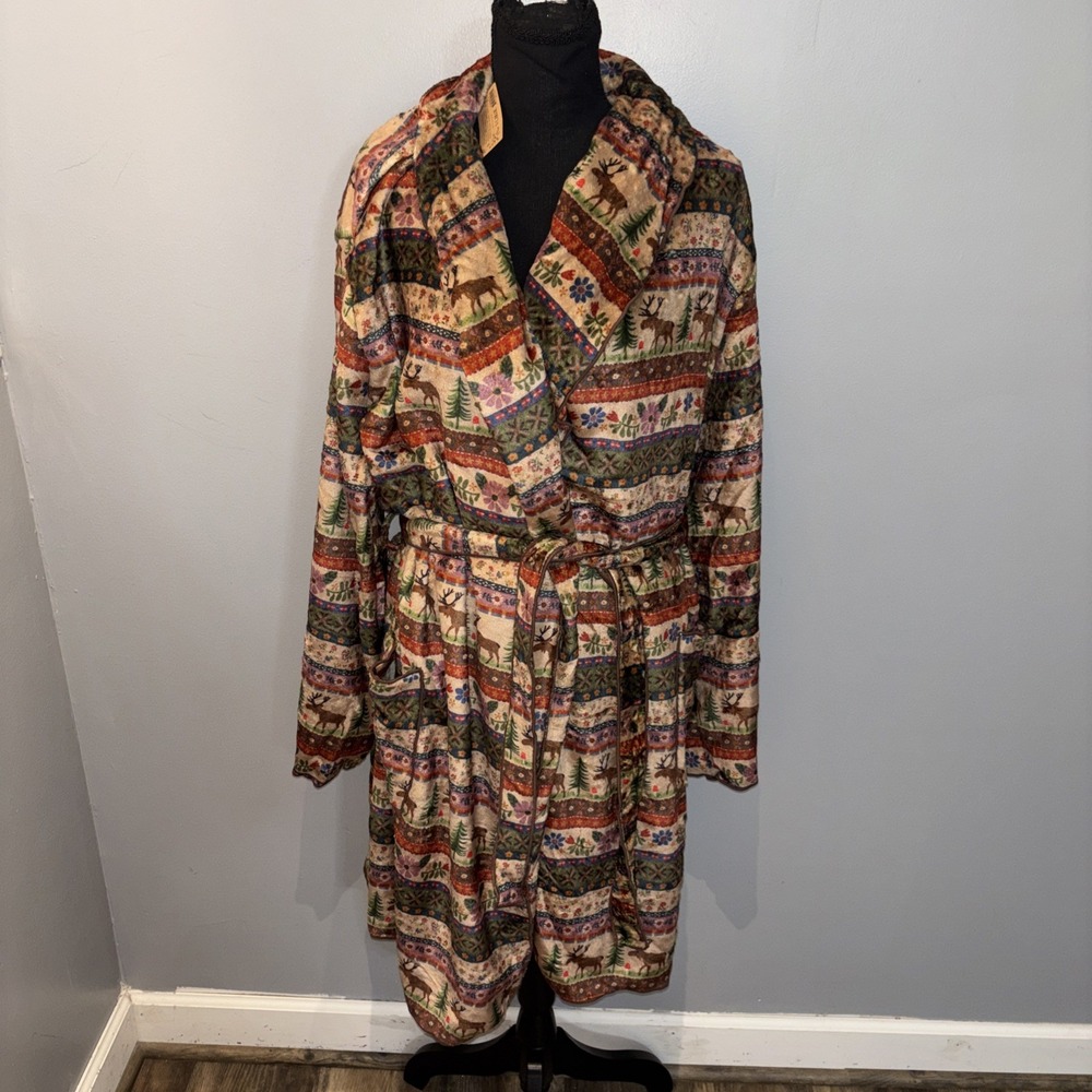 Natural Life Cozy Moose Floral Blanket Robe Fleece Pockets Cabincore XL NWT